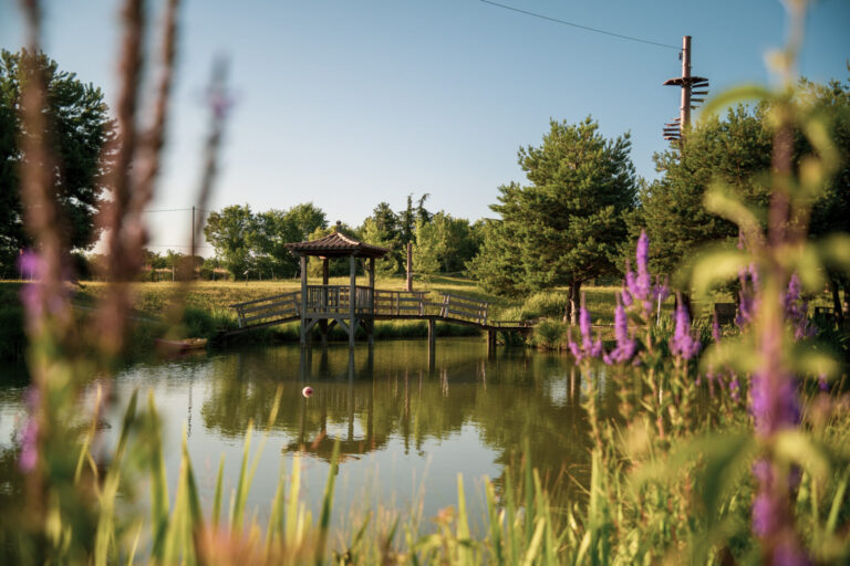 Plan d'eau et cabane en bois sur l'eau au Domaine de Valsoyo dans la Drôme